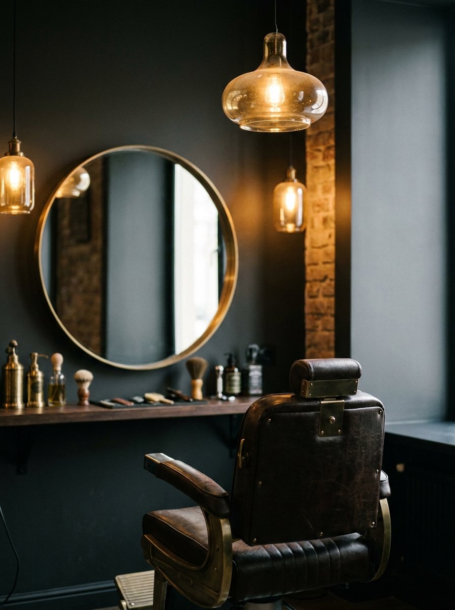 Warm interieur van A Style Barbershop met vintage barberstoel en ronde spiegel